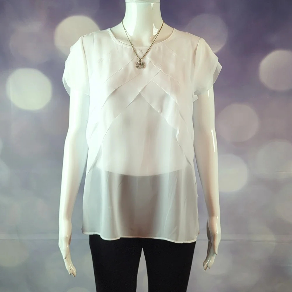 Liz Claiborne White Short Sleeve Semi Sheer Top with Cascading Layers Sz M